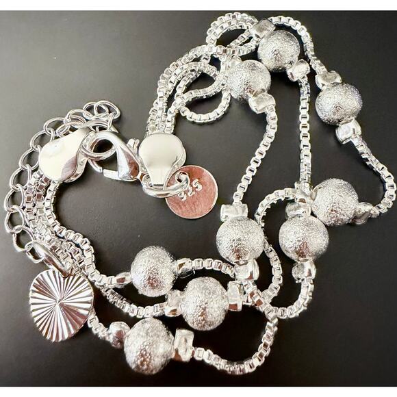 Women's 925 Sterling Silver 3-Layer Chain Dainty Bracelet Frosted Ball Bead 20CM - Picture 1 of 5
